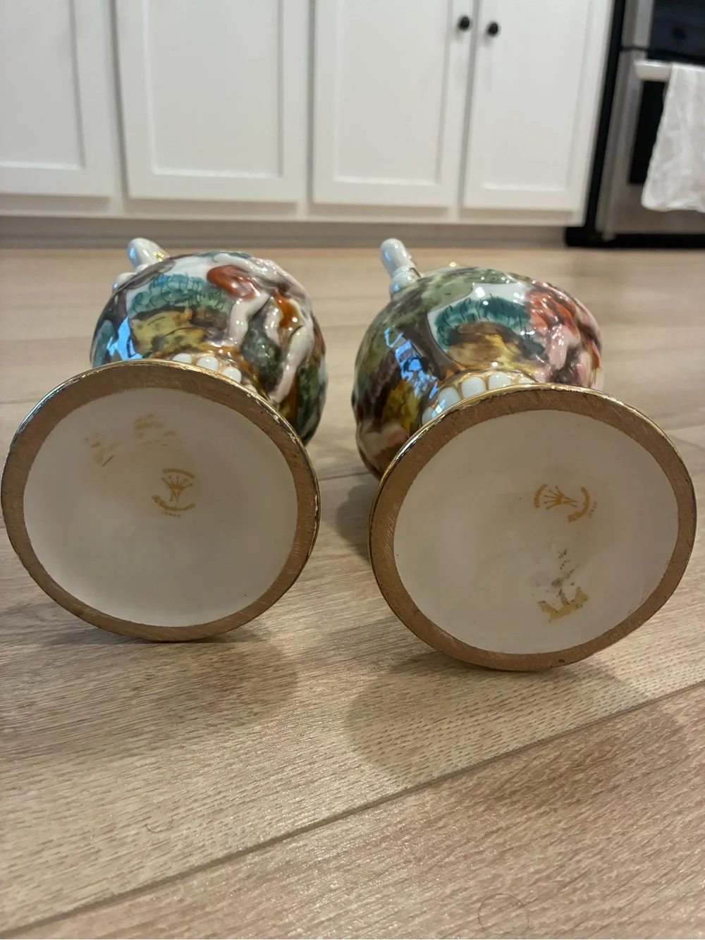 Set of 2 Keramos R. Capodimonte Italian Hand Painted Vases 9.5” Tall